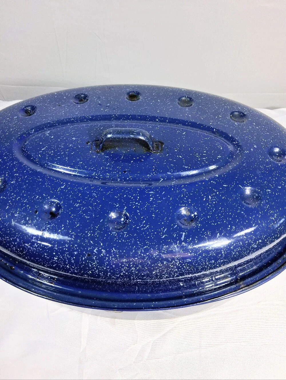 Blue Speckled Eamel Roaster 18 X 12 X 8 with Lid Fair but Functional Condition